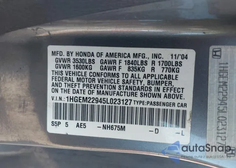 2005 Honda Civic Ex from USA, damaged, VIN 1HGEM22945L023127